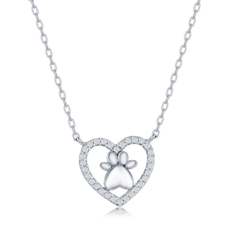 Sterling Silver Cubic Zirconia Heart with Paw In the Middle - Click Image to Close